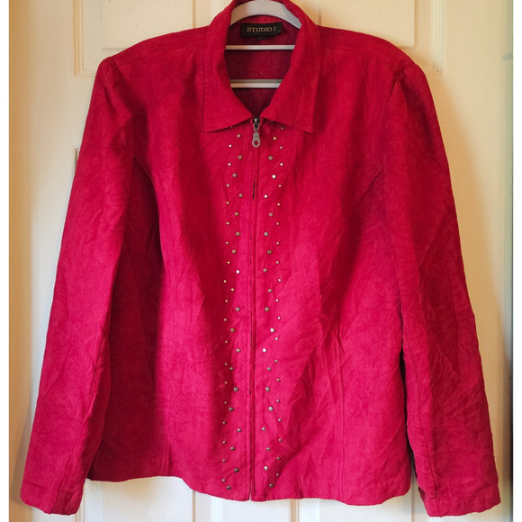 Studio I Red Faux Suede Jacket Studded Zip Front Long Sleeve Pockets Women’s 18 - Picture 1 of 12